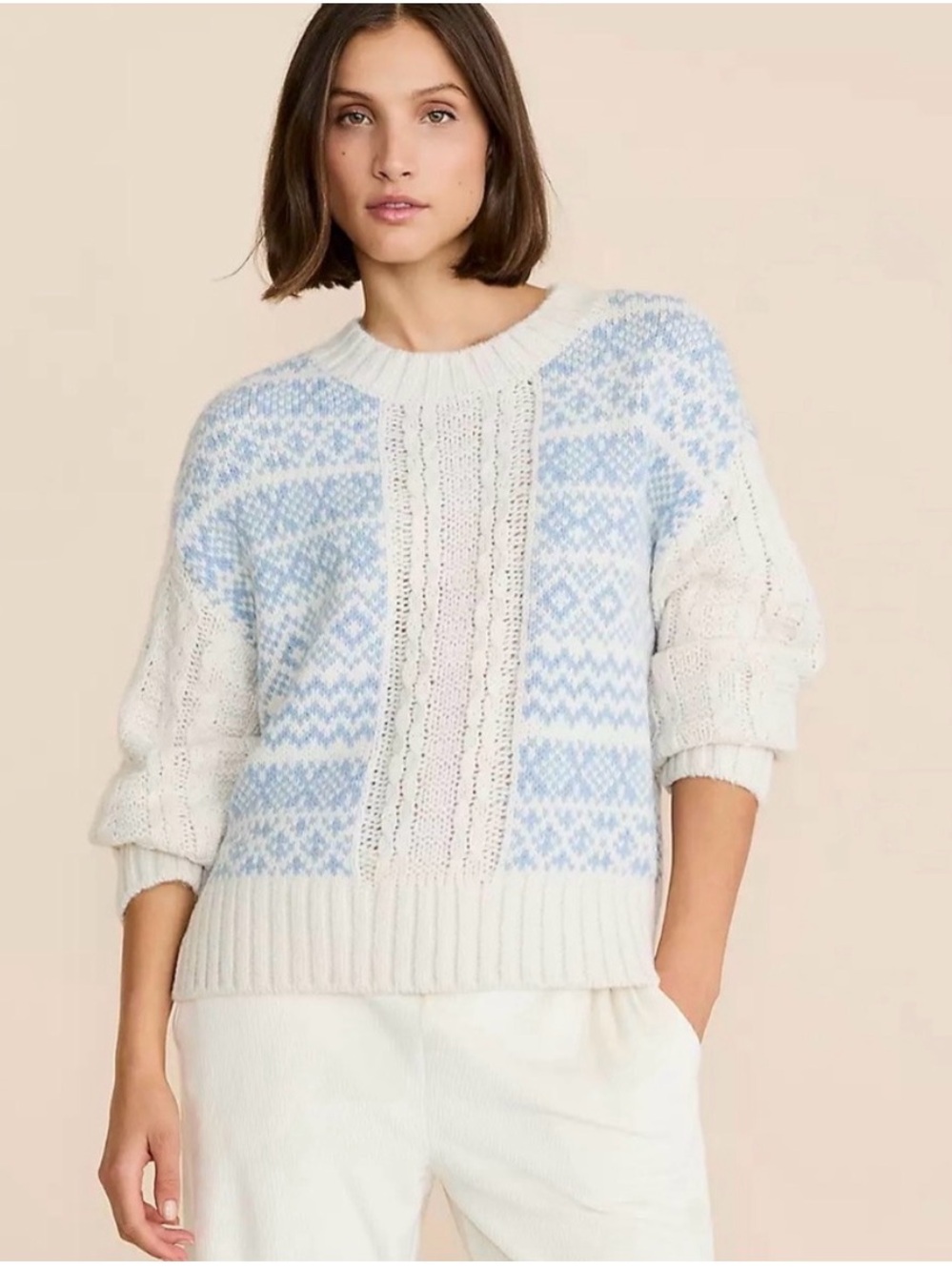 Lou & Grey Fair Isle Cable Knit Crewneck Sweater - Cream & Light Blue